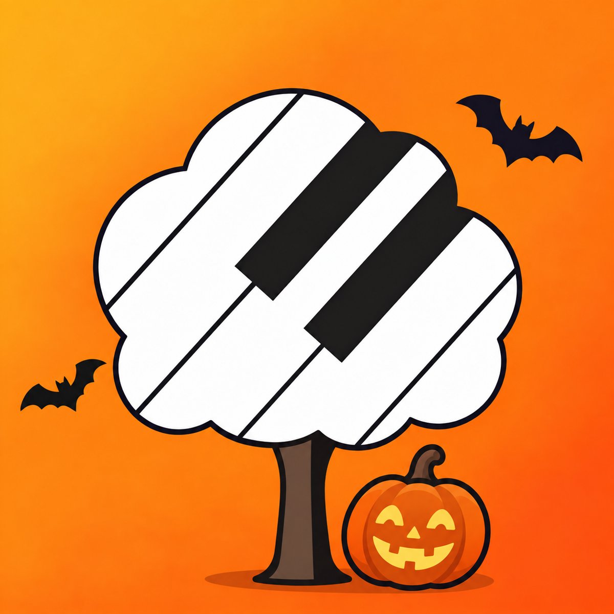 Piano Tree 万圣节标志：一棵由钢琴琴键组成的树，旁边有蝙蝠和南瓜灯