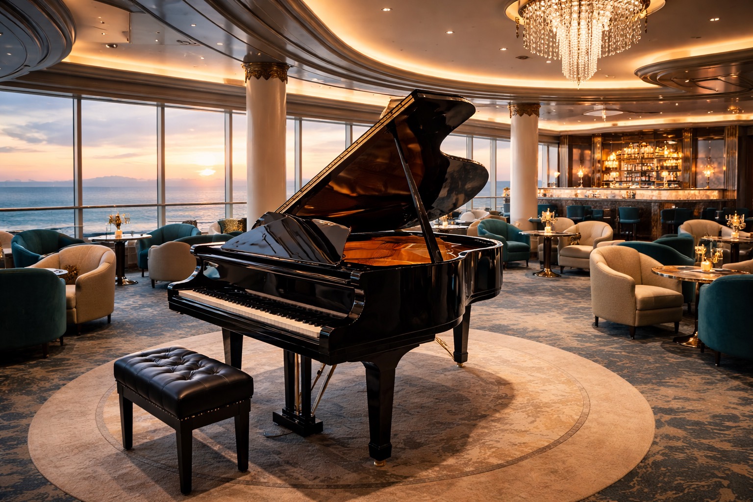 Grand piano on a cruise ship stage with lights