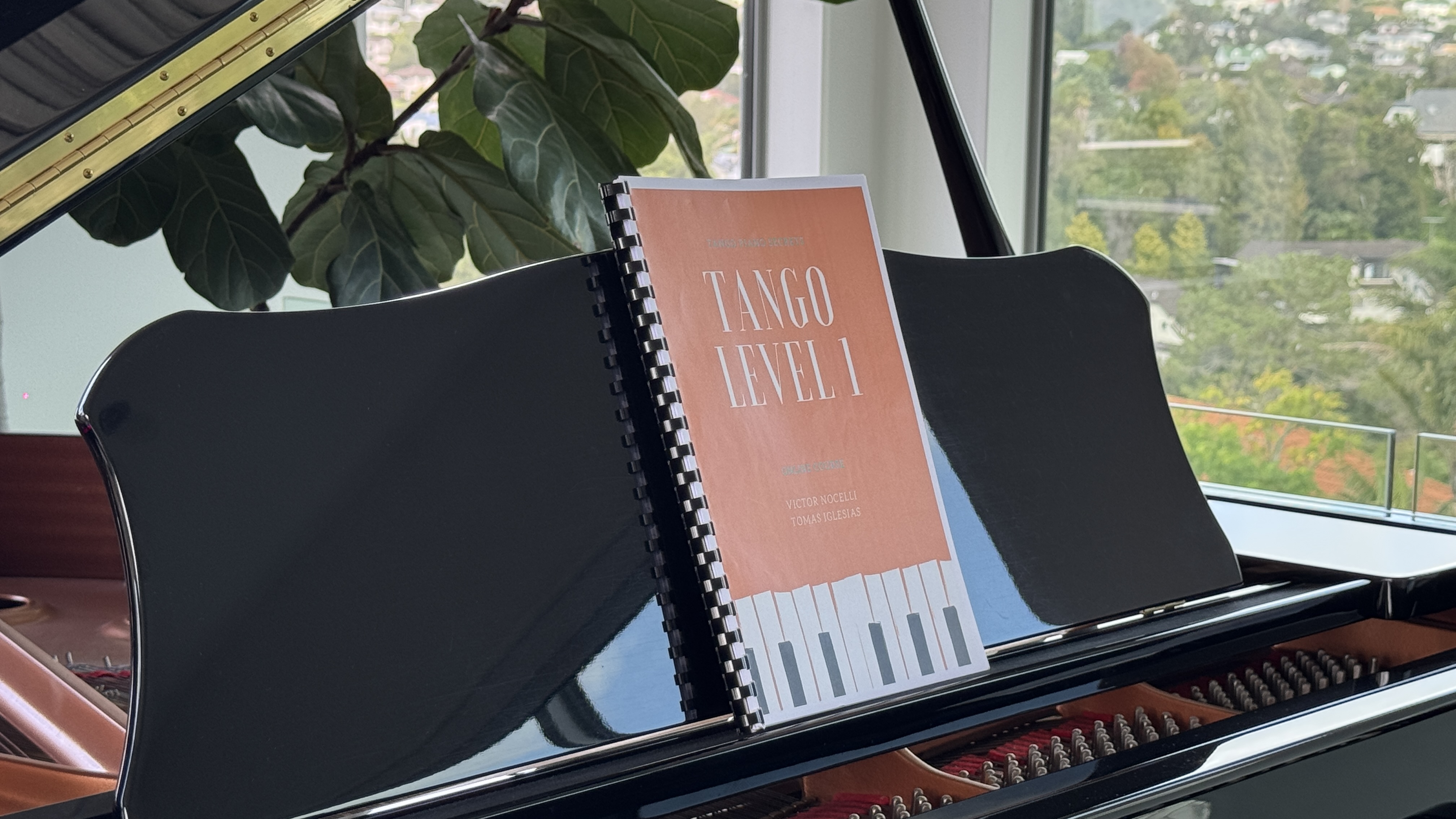 Pianist at a grand piano performing tango music