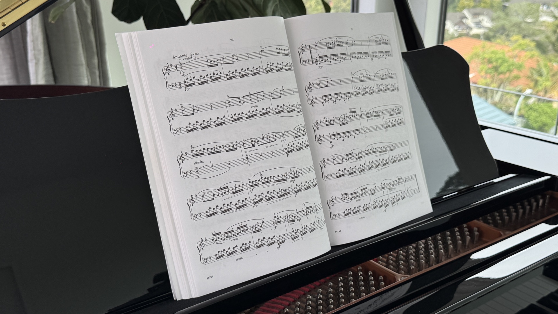 Advanced piano student studying a complex score with sheet music